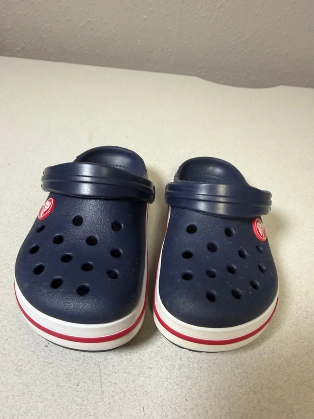 CROCS Kids Navy Clogs with White and Red Trim